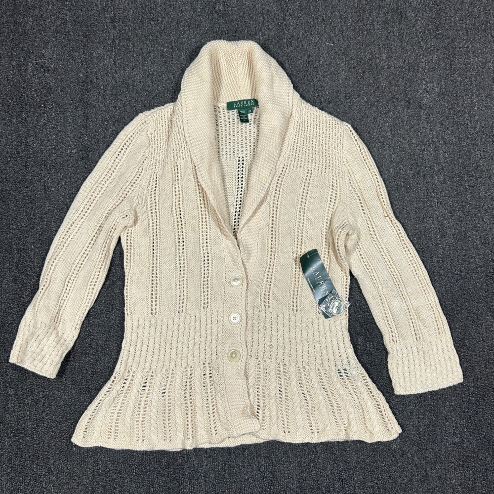 Lauren Ralph Lauren Cardigan Womens Medium Cream Silk Linen Knit NWT Shawl Coll